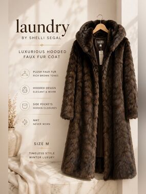Laundry by Shelli Segal Faux Fur Brown Hooded Winter Coat Size M NWT